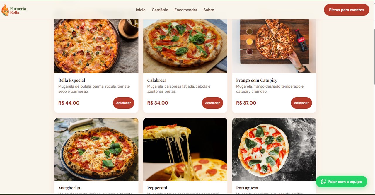 Pratika CardápioPro da Forneria Bella: cardápio de pizzas com carrinho e checkout no ar.